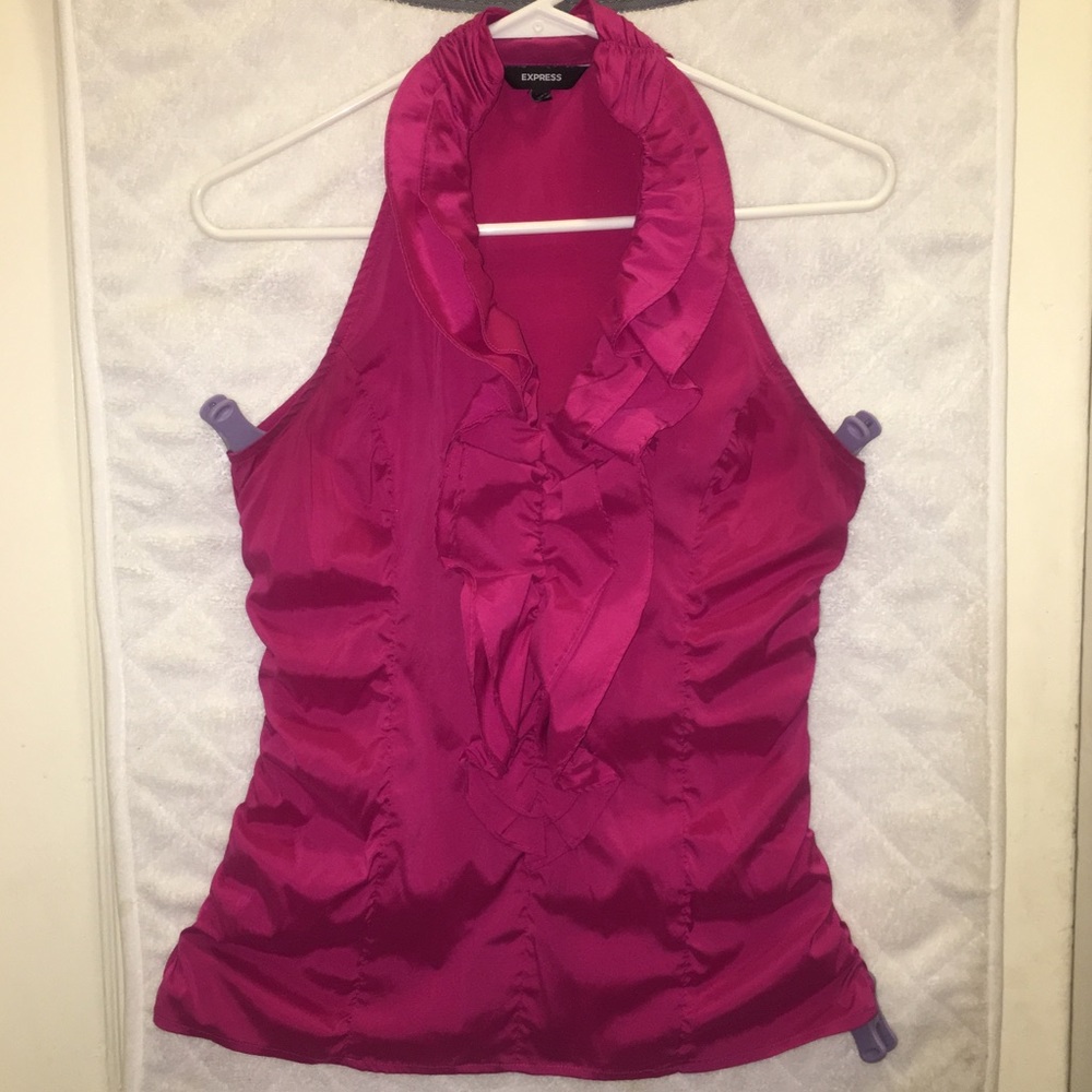 High collar sleeveless pink ruffles Blouse